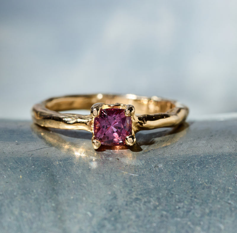 One-of-a-Kind Four Prong Melt Solitaire Coca Cola Sapphire Ring