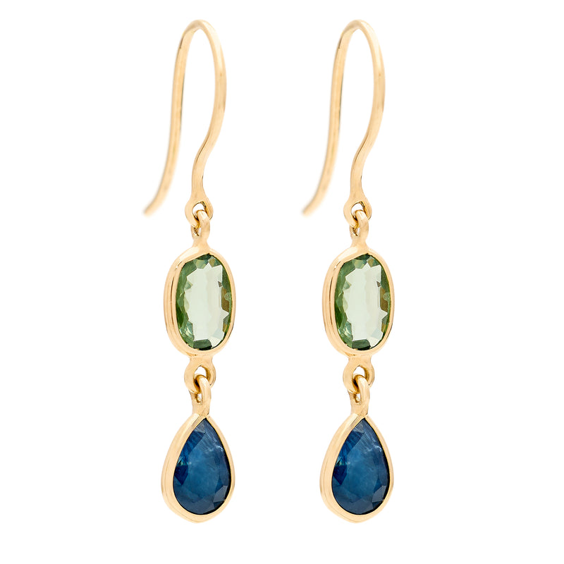 Green Oval Blue Pear Sapphire Drop Earrings