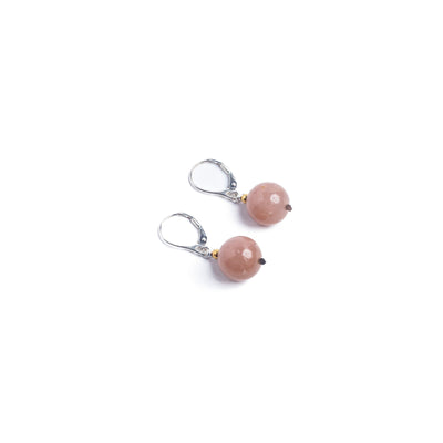 Sterling silver peach moonstone earrings with 18k gold beads and french hook leverbacks. Shop online.